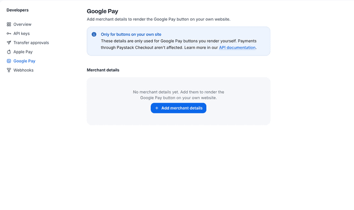 Image of the Google Pay tab on the Paystack Developers page, showing the button to add merchant details