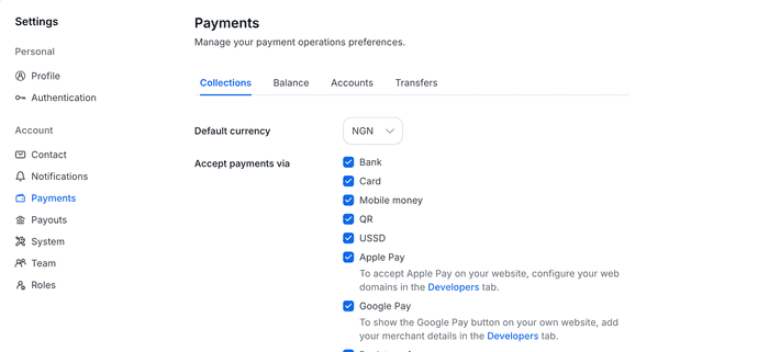 Image of the Payments settings page on Paystack Canvas, showing the checkbox to activate Google Pay