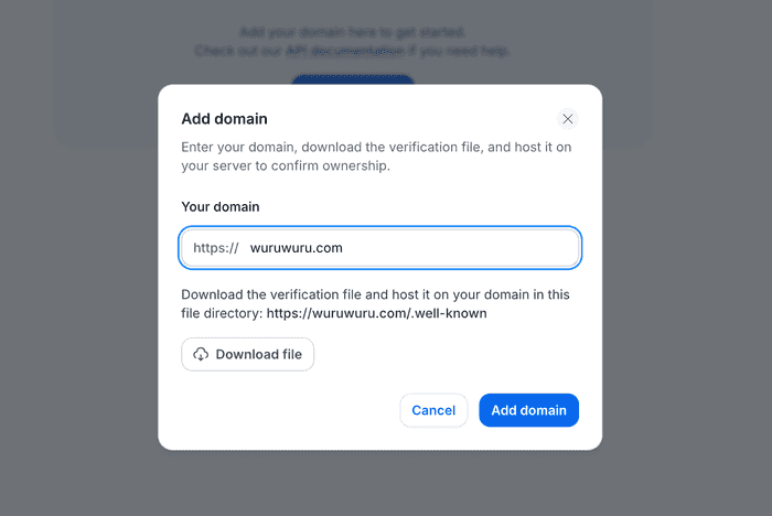 Image of the domain verification modal showing a domain name being registered